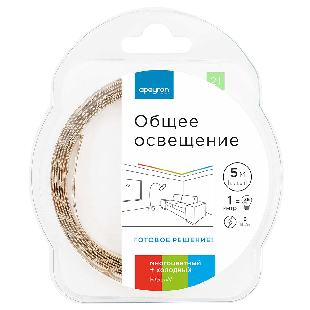 Лента светодиодная Apeyron RGBW свет 6 Вт/м 12 В IP20 SMD 5050 5 м (21ОО)
