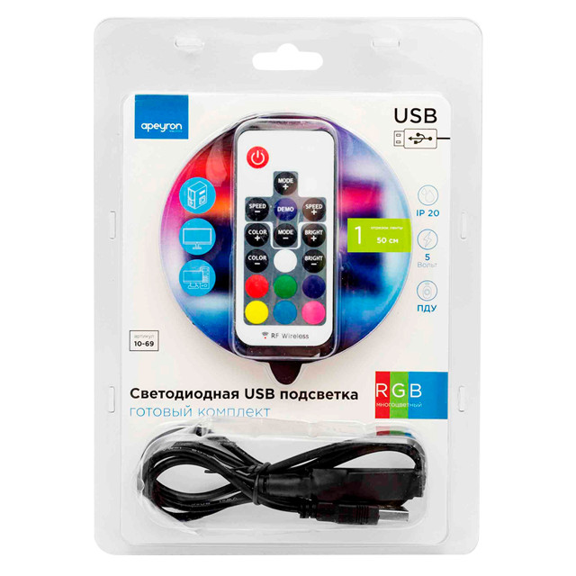 лента светодиодная комплект для ТВ APEYRON 5В 3,6Вт 5050 30д/м IP20 0,5м RGB