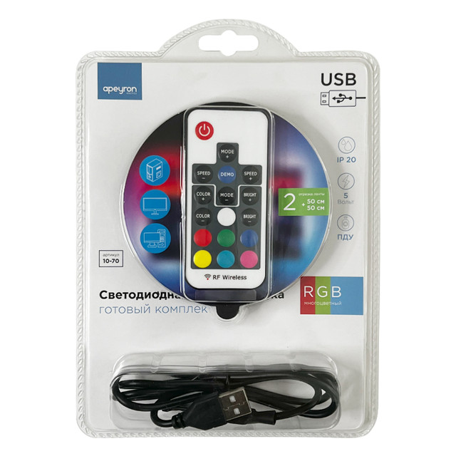лента светодиодная комплект для ТВ APEYRON 5В 7,2Вт 5050 30д/м IP20 2х0,5м RGB