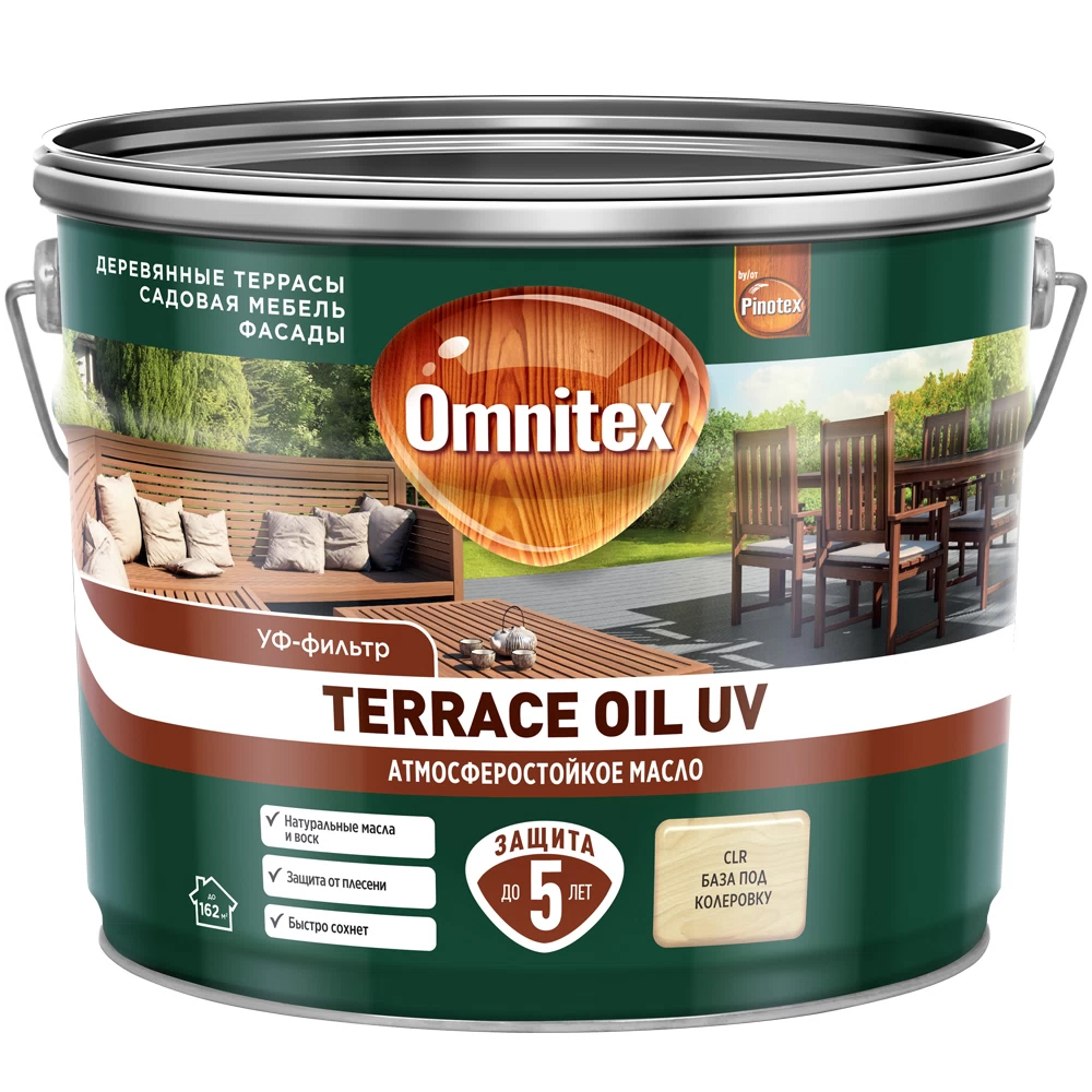 Масло Pinotex/Omnitex Terrace Oil UV для террас бесцветное 9 л