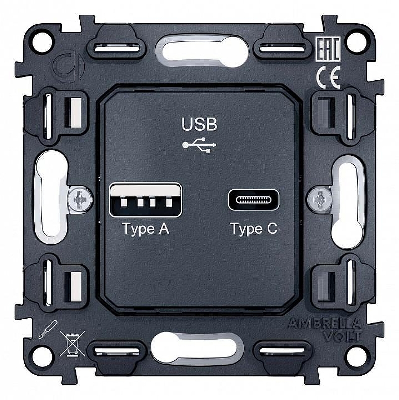 Механизм розетки 2хUSB type A и C Ambrella Volt Quant VM177 цвет Серый