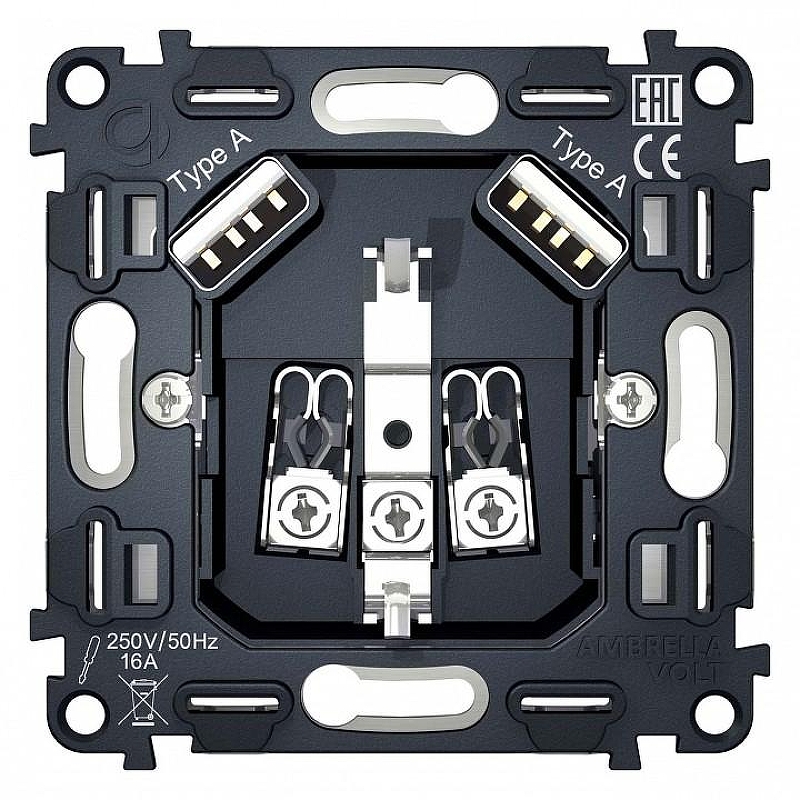 Механизм розетки с заземлением и 2хUSB type A Ambrella Volt Quant VM155 цвет Серый
