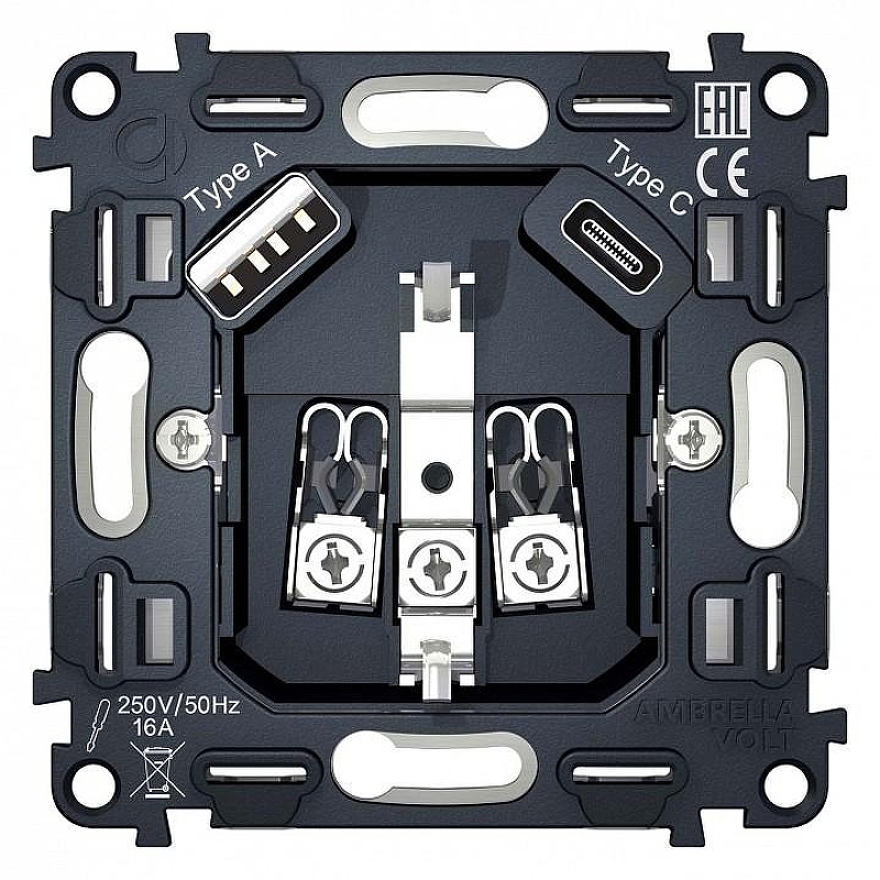 Механизм розетки с заземлением и 2хUSB type A и C Ambrella Volt Quant VM160 цвет Серый