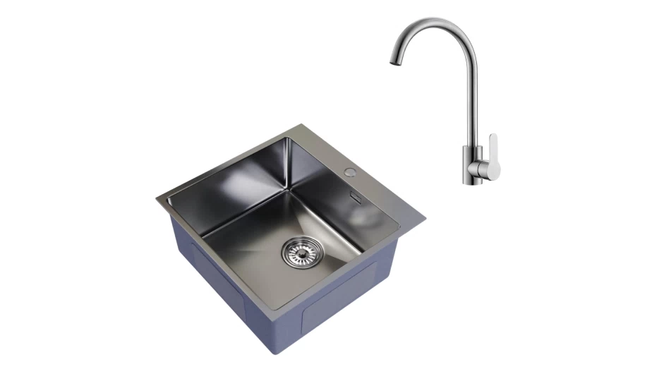 Мойка для кухни Mixline Pro 50х50х20 см врезная с сифоном со смесителем Corsa Deco Creek с высоким изливом сталь сатин (556573/966373)