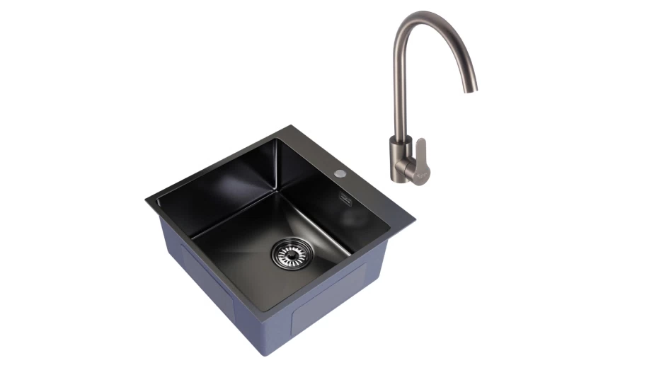 Мойка для кухни Mixline Pro 50х50х20 см врезная с сифоном со смесителем Corsa Deco Creek с высоким изливом сталь графит (556575/FKCSMG)