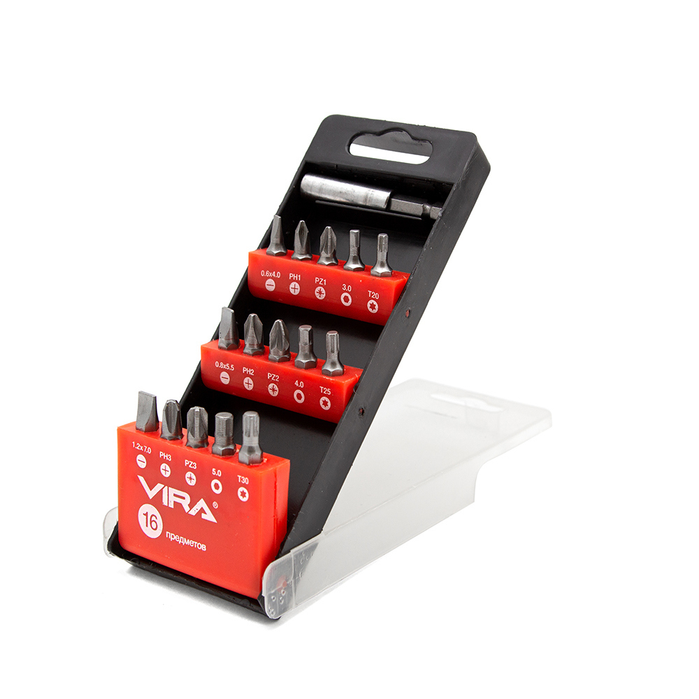 Набор бит Vira PH/PZ/SL/TORX/HEX 25 мм с магнитным держателем (16 шт.) (554101)