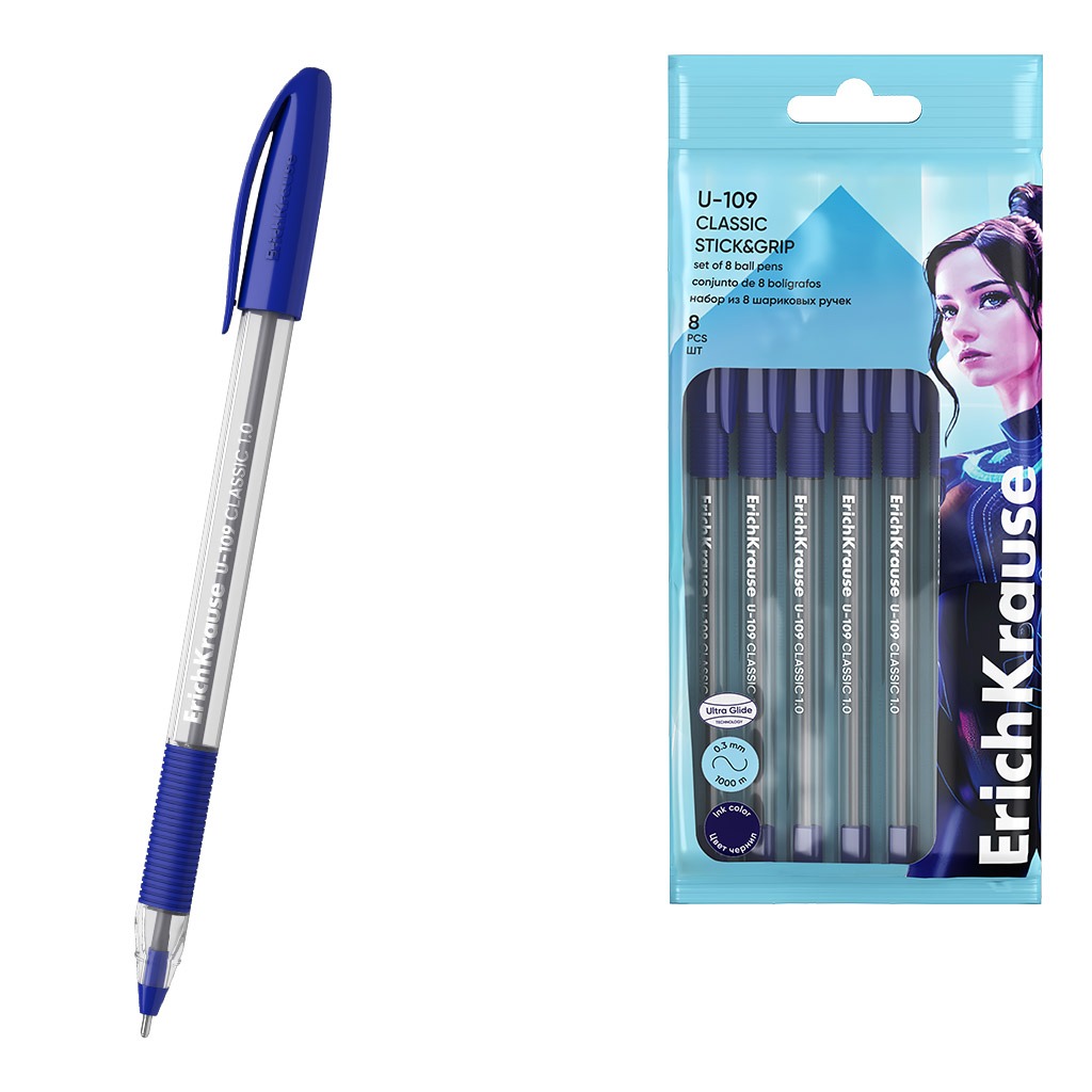 Набор шариковых ручек Erich Krause U-109 Stick&Grip Classic, Ultra Glide Technology, цвет чернил синий, 8 шт