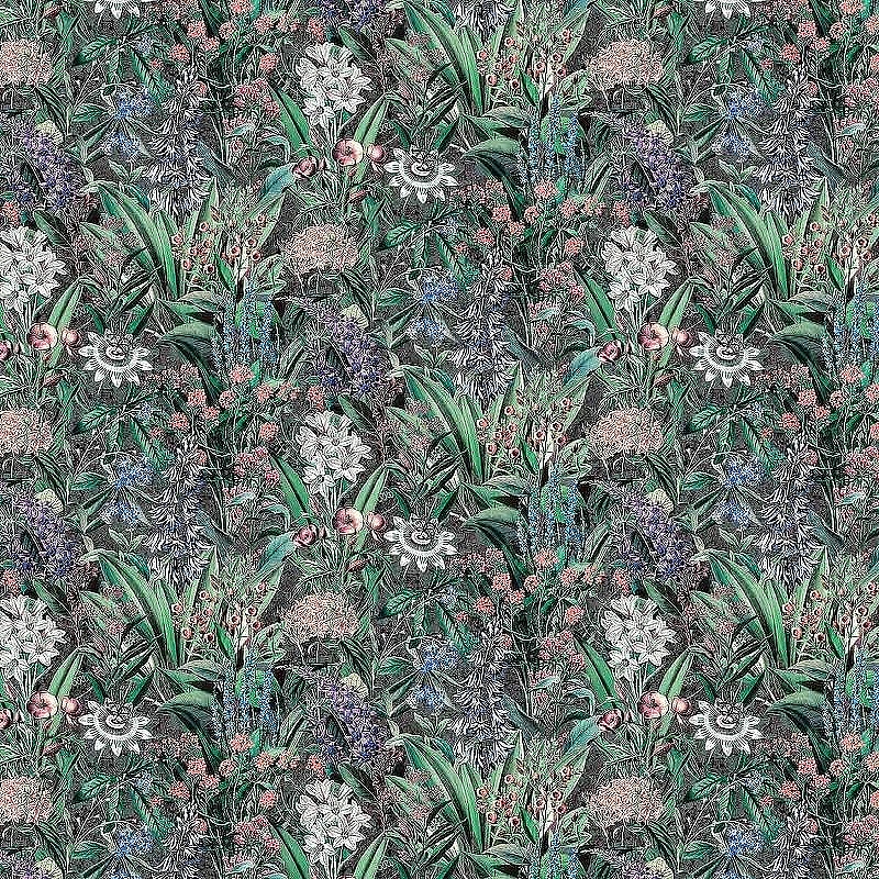 Обои Marburg Flora 47475 Винил на флизелине (0,53*10,05) Черный/Фиолетовый/Серый/Зеленый, Цветы/Листья/Штукатурка