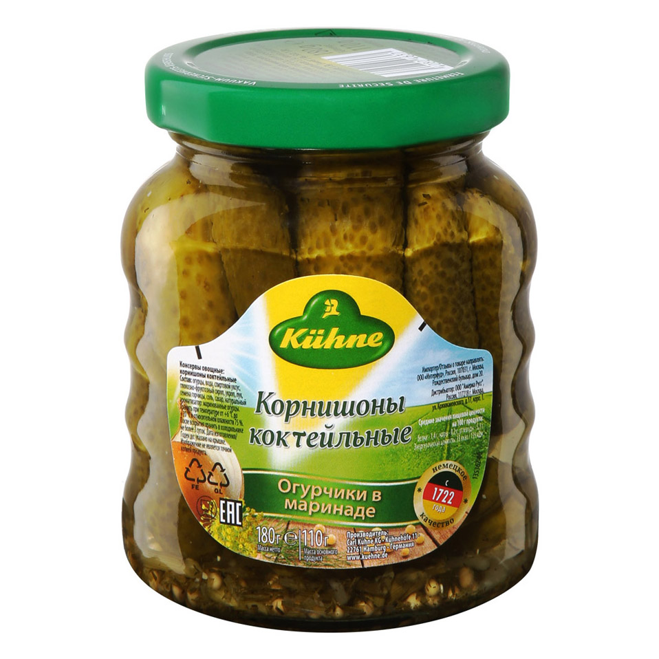 Огурцы Kuhne коктейльные 180 г