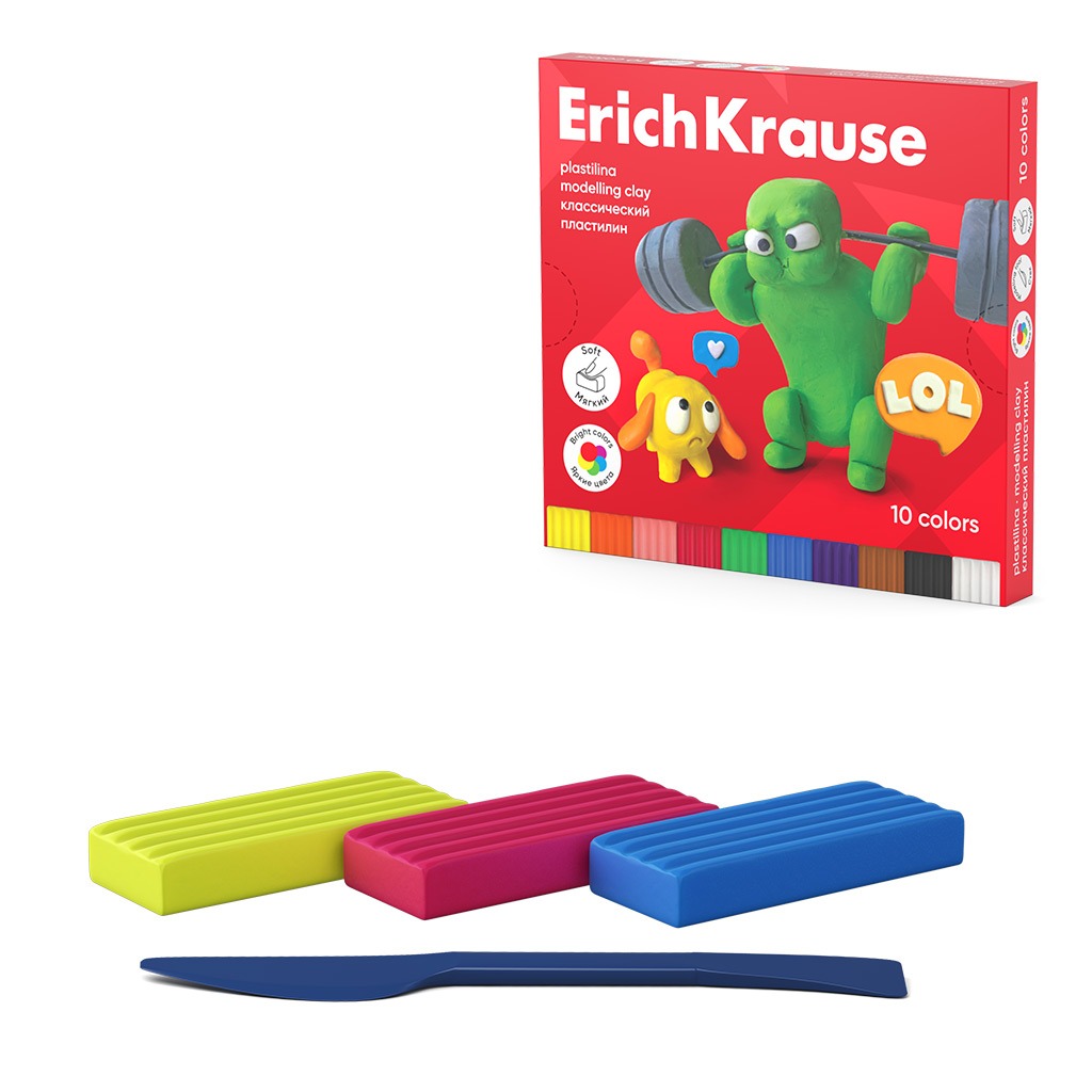 Пластилин классический Erich Krause Jolly Friends 10 цветов со стеком, 180 г
