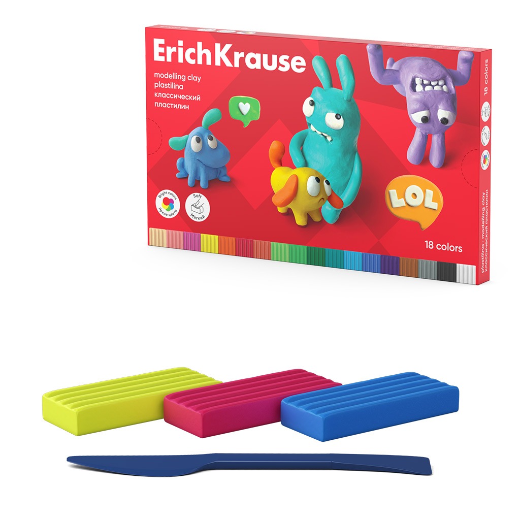 Пластилин классический Erich Krause Jolly Friends 18 цветов со стеком, 324 г