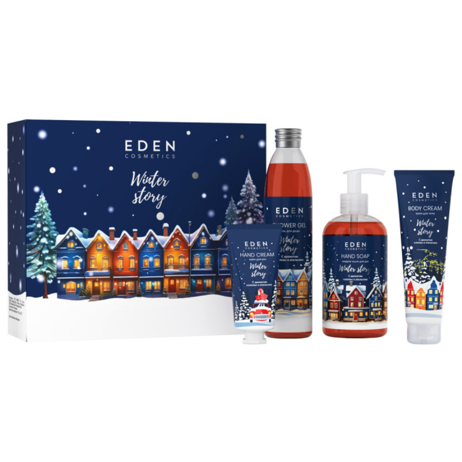 Подарочный набор Eden winter story blue №4 Клюква и апельсин (крем для рук 50 мл +жидкое мыло 245 мл + гель для душа 320 мл + крем для тела 150 мл)