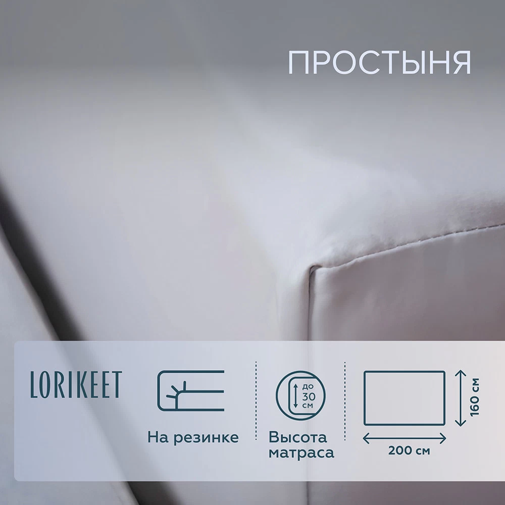Простыня на резинке 160х200х30 см сатин серая Lorikeet Solo