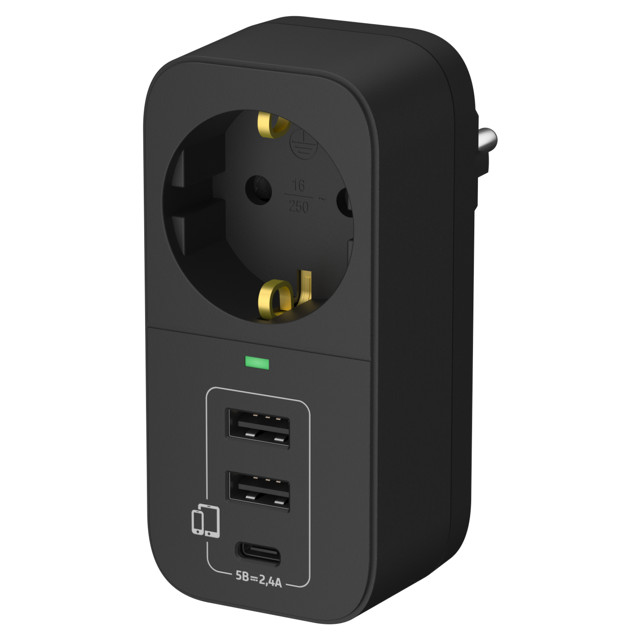 разветвитель-адаптер ФОТОН 2 USB-A+ USB-C, 2,4 A 16А с/з черный