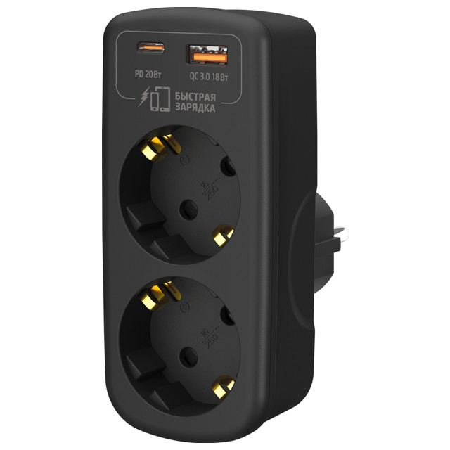 разветвитель-адаптер ФОТОН USB 16А с/з 1USB-A+1USB-C быстрая зарядка черный