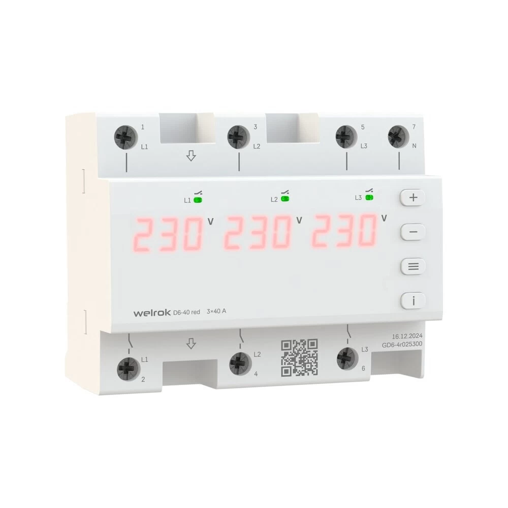 Реле напряжения модульное Welrok D6-40 red 230 В 40 А тип AC с дисплеем
