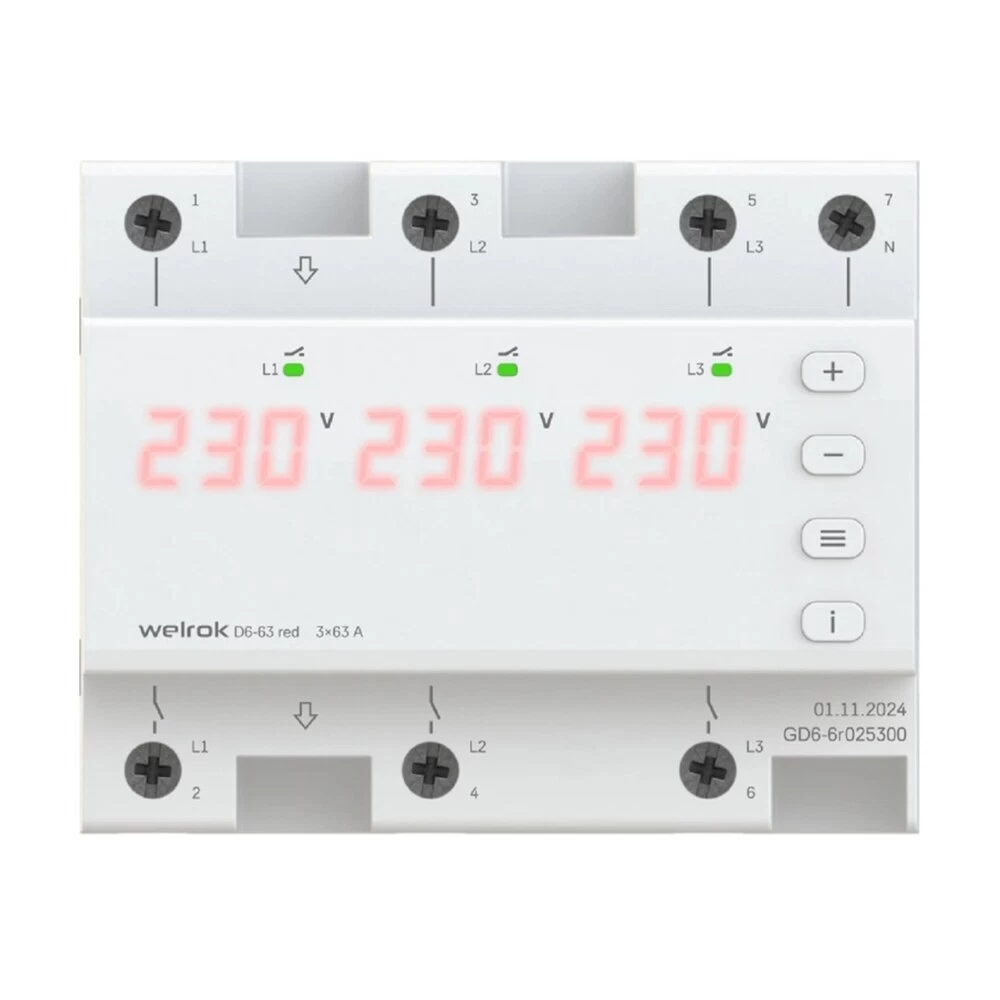 Реле напряжения модульное Welrok D6-63 red 230 В 63 А тип AC с дисплеем