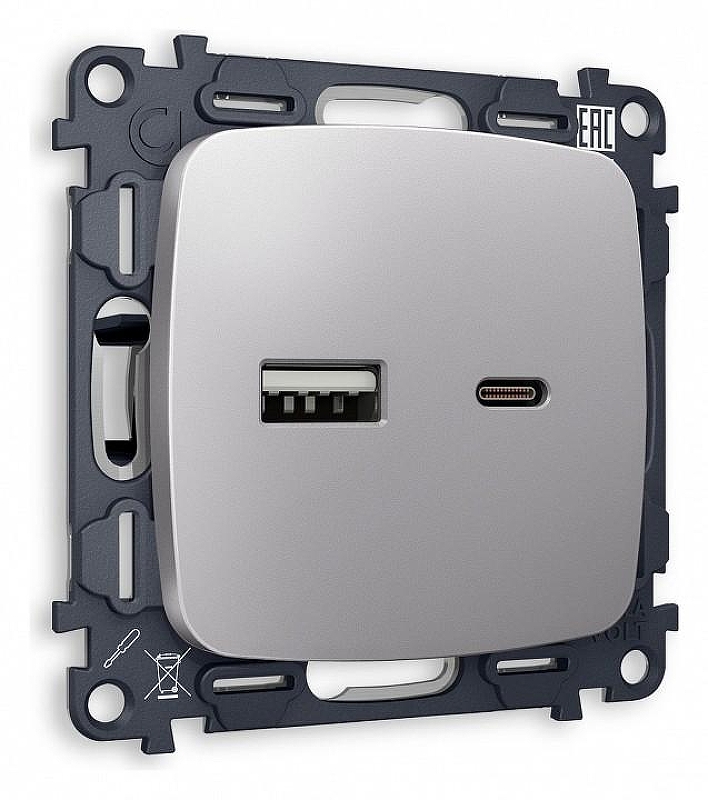 Розетка 2хUSB type A и C без рамки Ambrella Volt Quant MO511010 цвет Сталь
