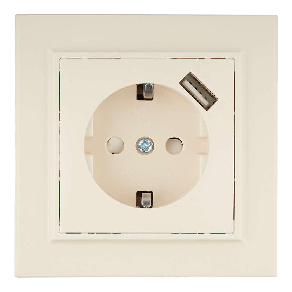 Розетка EKF Минск встраиваемая бежевая с заземлением с USB-А (ERR16-028-200-USB)