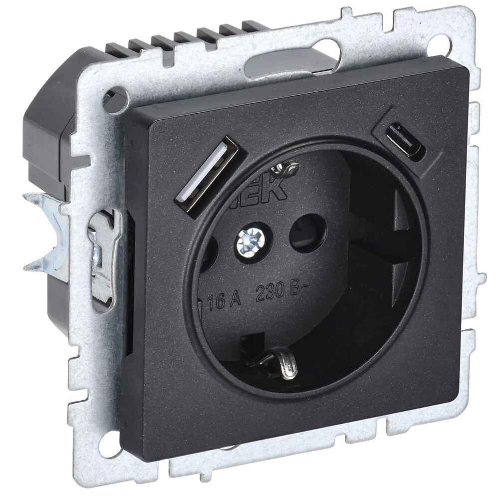 Розетка IEK Brite встраиваемая черная с заземлением со шторками USB-A/ Type-C (BR-R14-16-U22-018-K02)