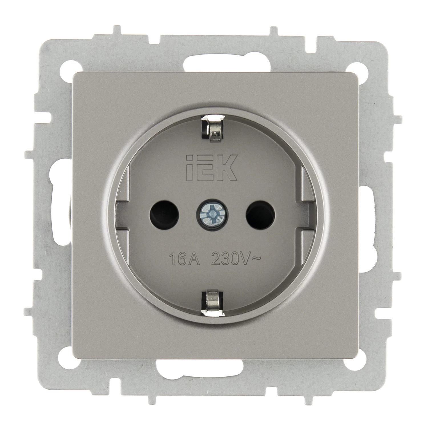 Розетка IEK Brite встраиваемая сталь с заземлением со шторками (BR-R14-16-K46)