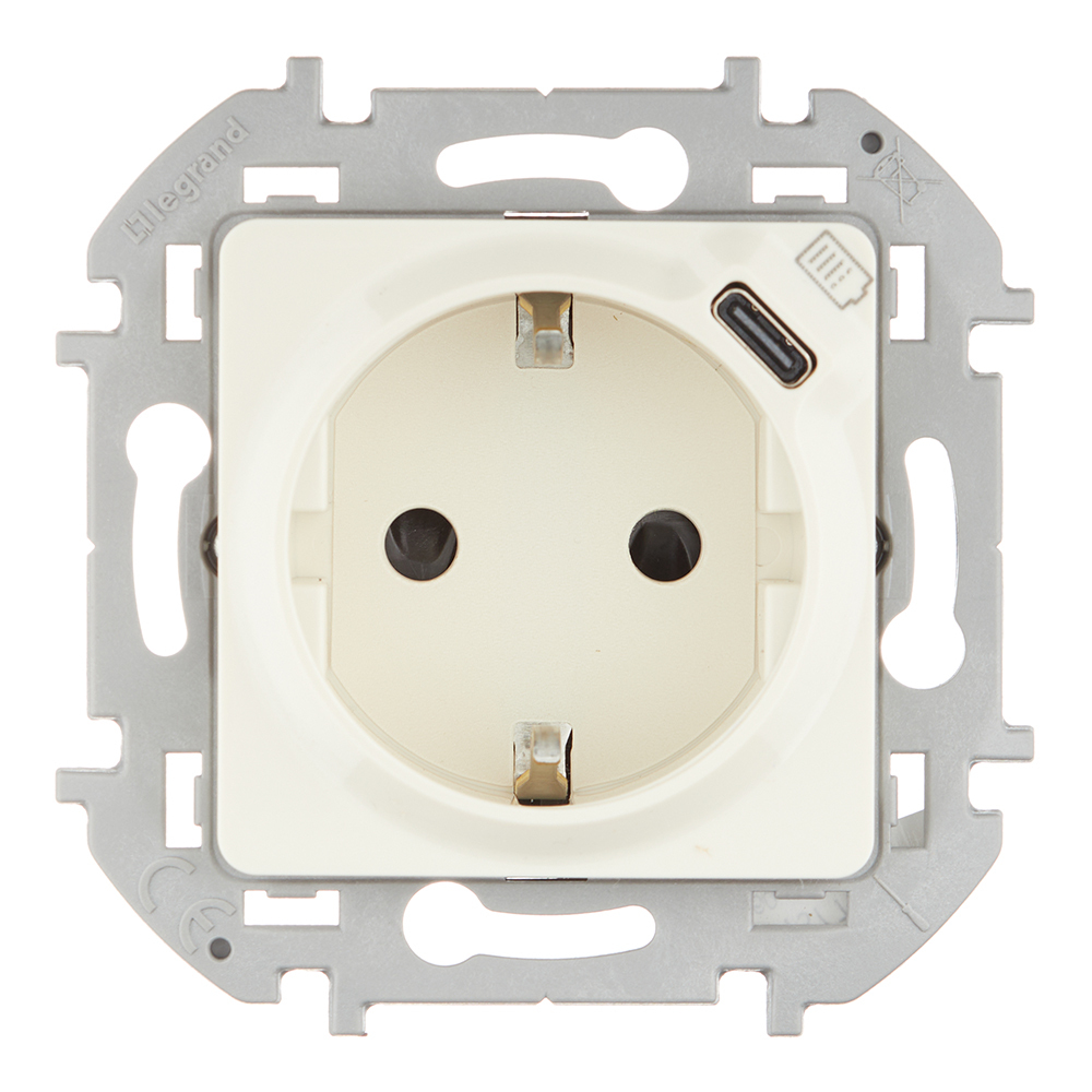 Розетка Legrand Inspiria встраиваемая слоновая кость с заземлением с USB Type-C (673771)