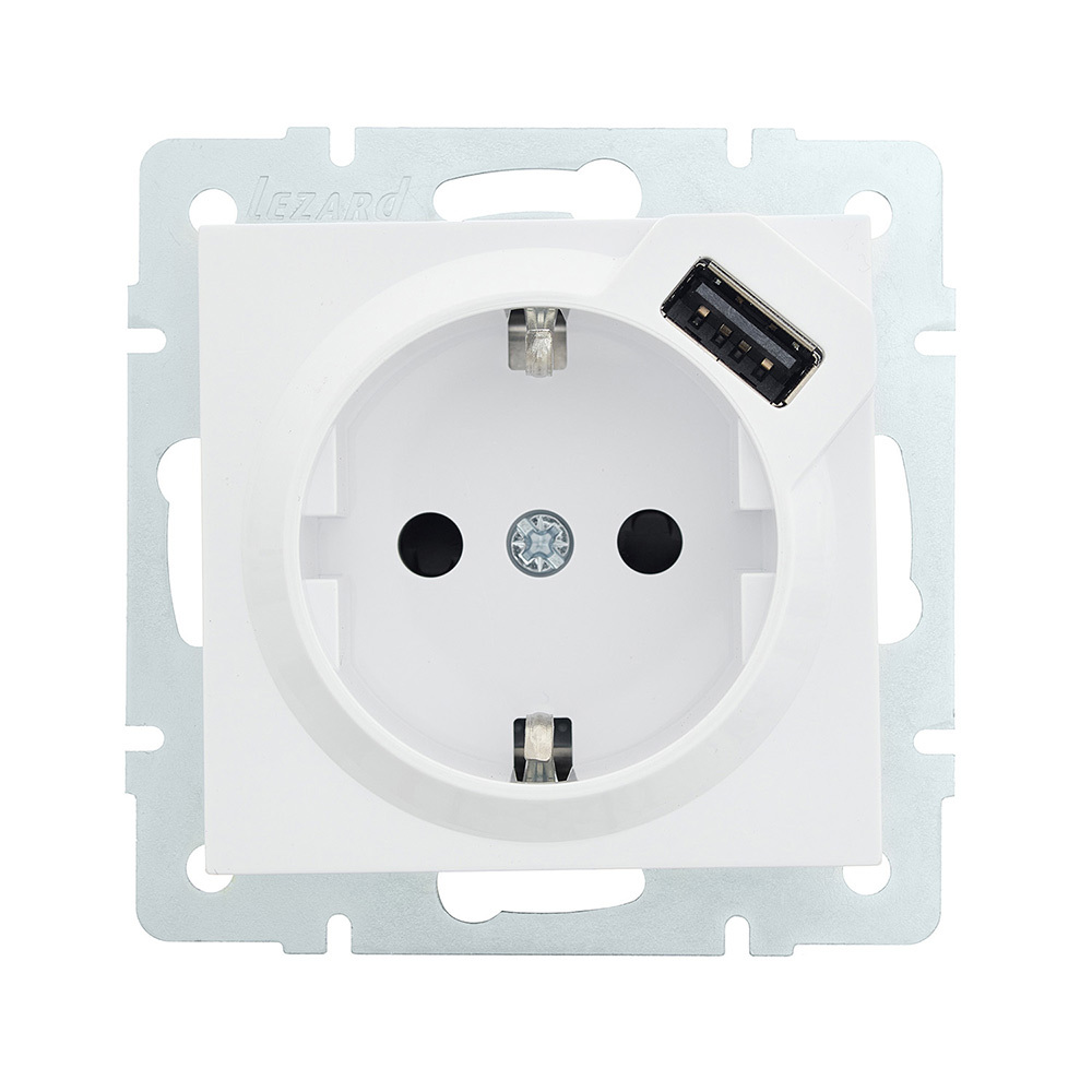 Розетка Lezard Vesna встраиваемая белая с заземлением с USB-A (742-0288-181)
