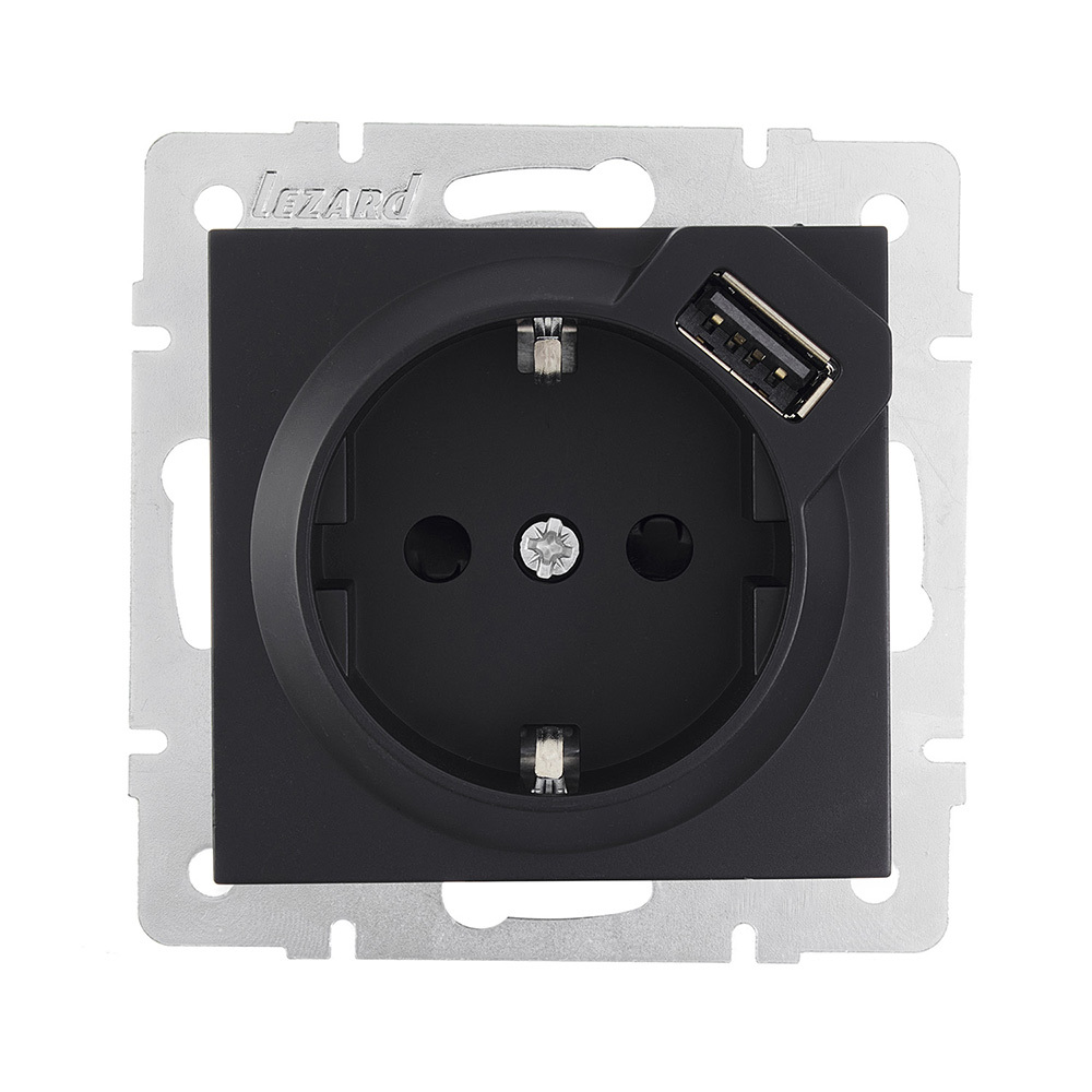 Розетка Lezard Vesna встраиваемая черный бархат с заземлением с USB-A (742-4288-181)