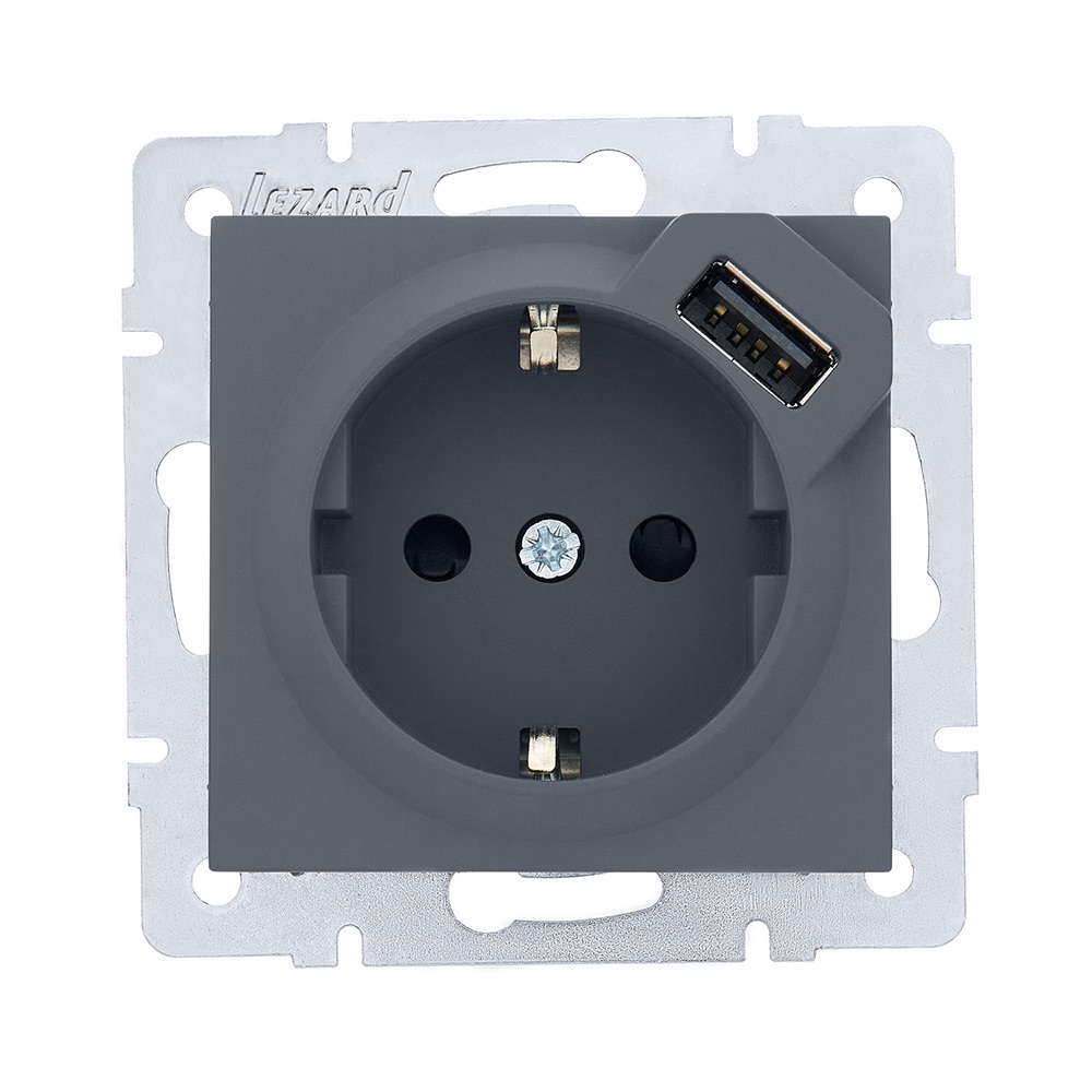 Розетка Lezard Vesna встраиваемая графит с заземлением с USB-A (742-3488-181)