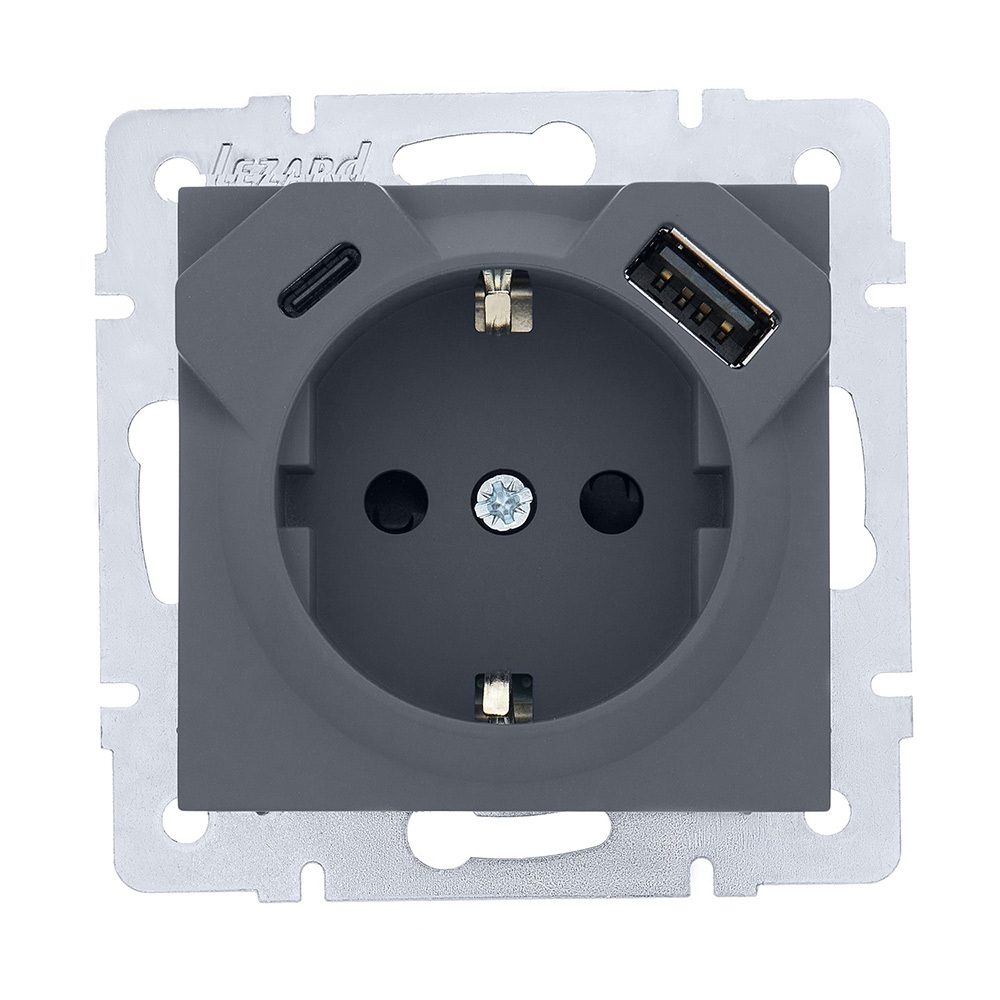 Розетка Lezard Vesna встраиваемая графит с заземлением с USB-A/ Type-C (742-3488-181TC)