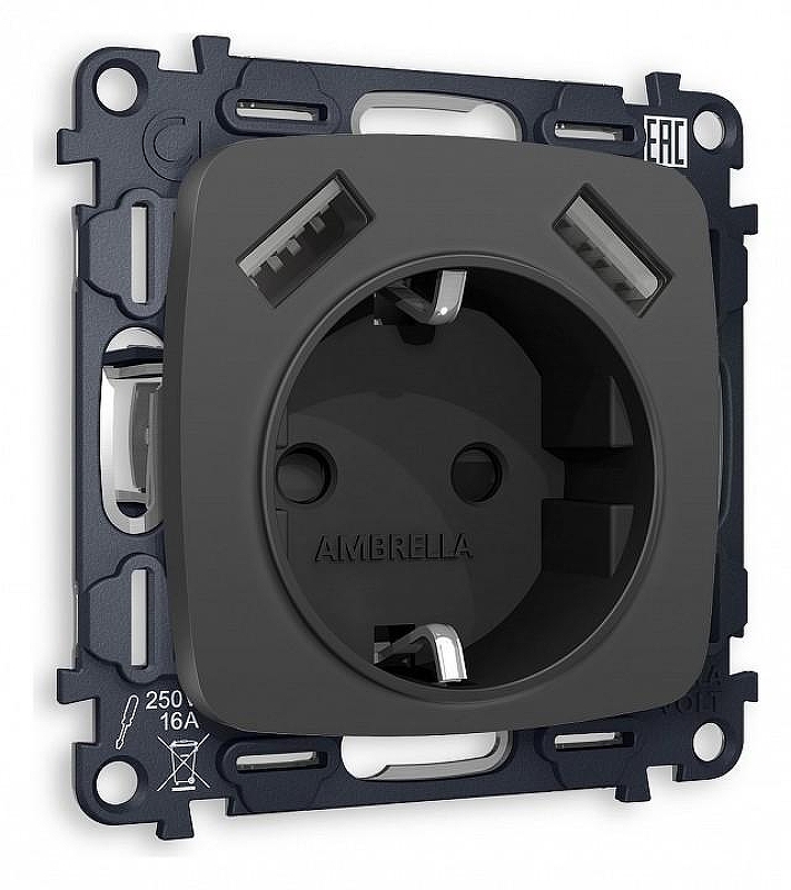 Розетка с заземлением и 2хUSB type A, без рамки Ambrella Volt Quant MO909010 цвет Графит