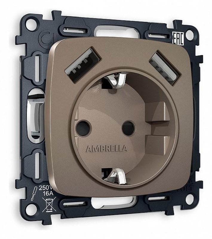 Розетка с заземлением и 2хUSB type A, без рамки Ambrella Volt Quant MO639010 цвет Бронза