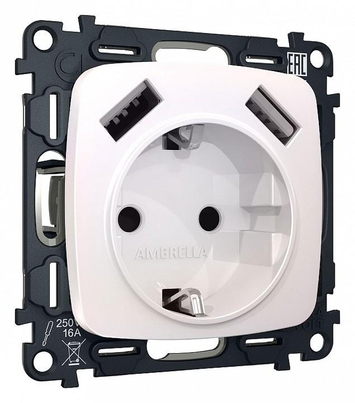 Розетка с заземлением и 2хUSB type A, без рамки Ambrella Volt Quant MO209010 цвет Жемчужный, Белый