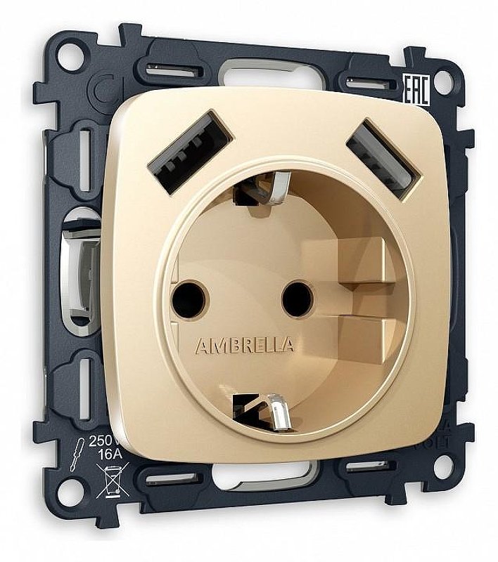 Розетка с заземлением и 2хUSB type A, без рамки Ambrella Volt Quant MO609010 цвет Бежевый
