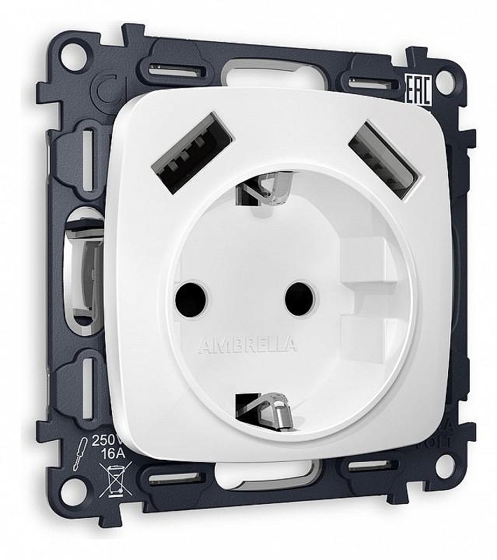 Розетка с заземлением и 2хUSB type A, без рамки Ambrella Volt Quant MO129010 цвет Белый