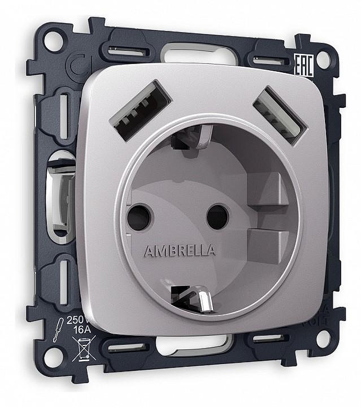 Розетка с заземлением и 2хUSB type A, без рамки Ambrella Volt Quant MO509010 цвет Сталь