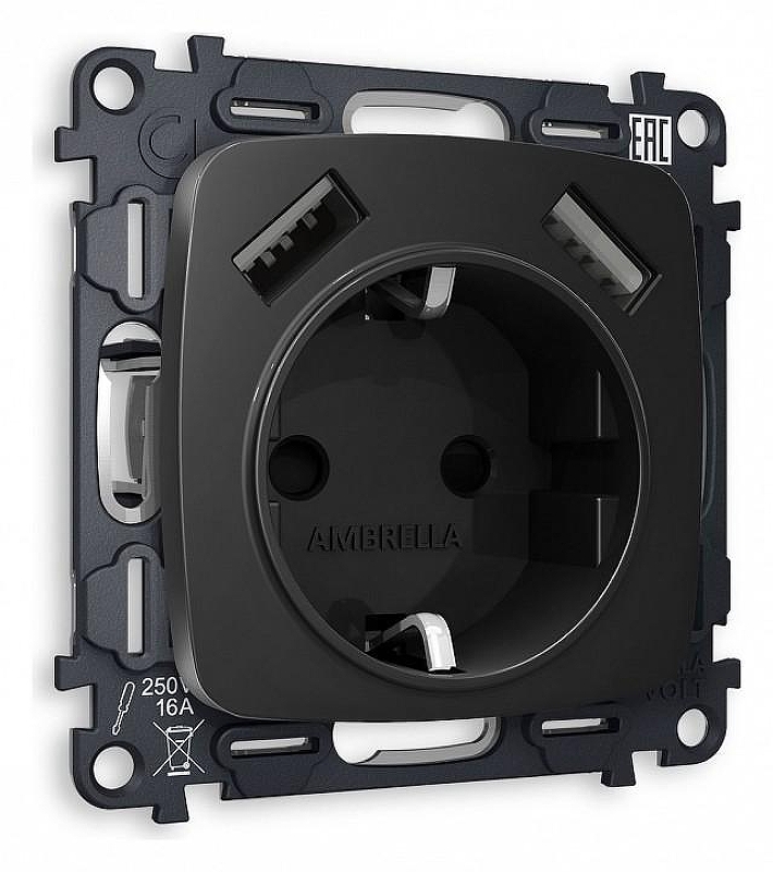Розетка с заземлением и 2хUSB type A, без рамки Ambrella Volt Quant MO809010 цвет Черный