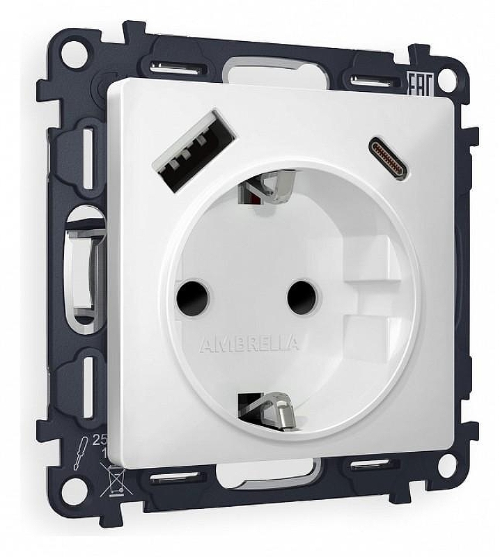 Розетка с заземлением и 2хUSB type A и C, без рамки Ambrella Volt Quant MA130010 цвет Белый