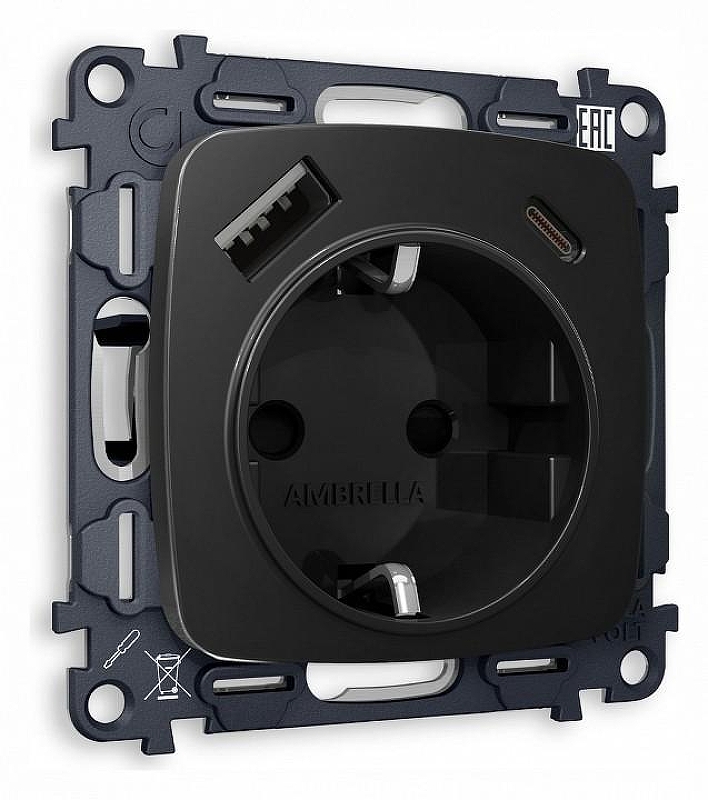 Розетка с заземлением и 2хUSB type A и C, без рамки Ambrella Volt Quant MO810010 цвет Черный