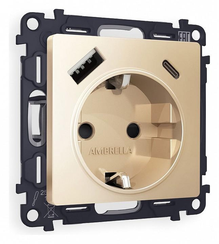 Розетка с заземлением и 2хUSB type A и C, без рамки Ambrella Volt Quant MA610010 цвет Бежевый