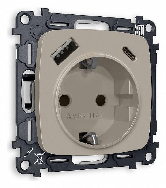 Розетка с заземлением и 2хUSB type A и C, без рамки Ambrella Volt Quant MO370010 цвет Бежевый, Серый