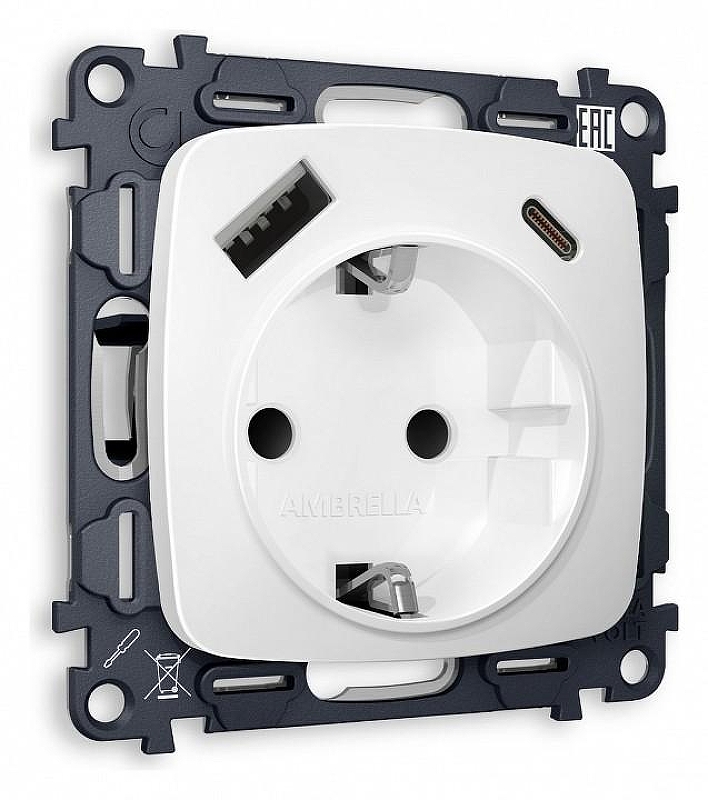 Розетка с заземлением и 2хUSB type A и C, без рамки Ambrella Volt Quant MO130010 цвет Белый
