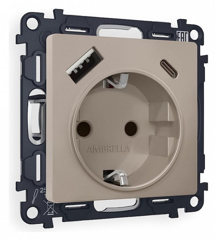 Розетка с заземлением и 2хUSB type A и C, без рамки Ambrella Volt Quant MA370010 цвет Бежевый, Серый