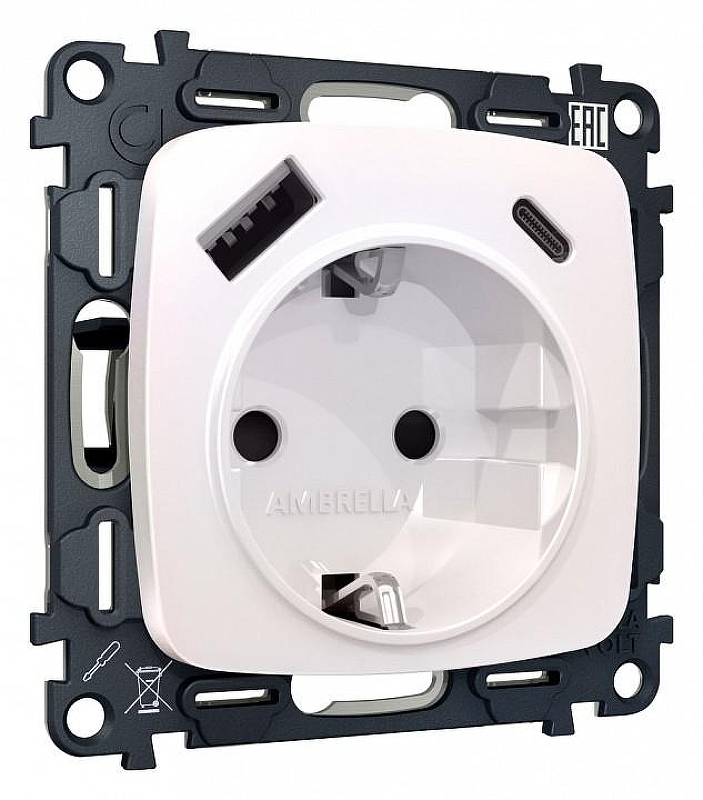 Розетка с заземлением и 2хUSB type A и C, без рамки Ambrella Volt Quant MO210010 цвет Жемчужный, Белый