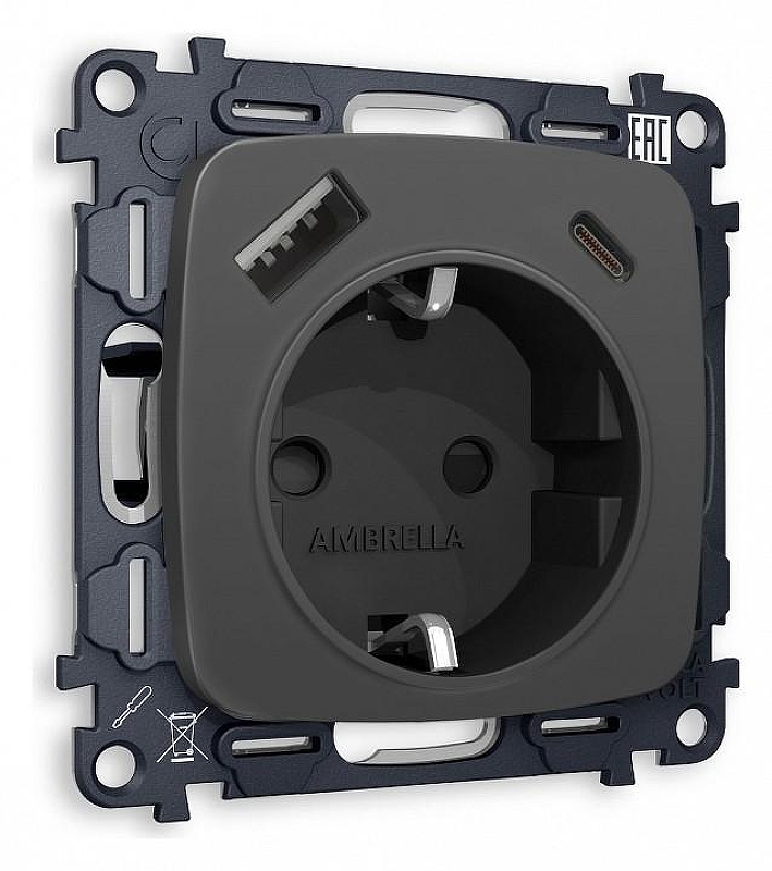 Розетка с заземлением и 2хUSB type A и C, без рамки Ambrella Volt Quant MO910010 цвет Графит