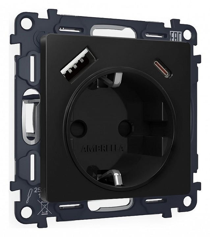 Розетка с заземлением и 2хUSB type A и C, без рамки Ambrella Volt Quant MA810010 цвет Черный