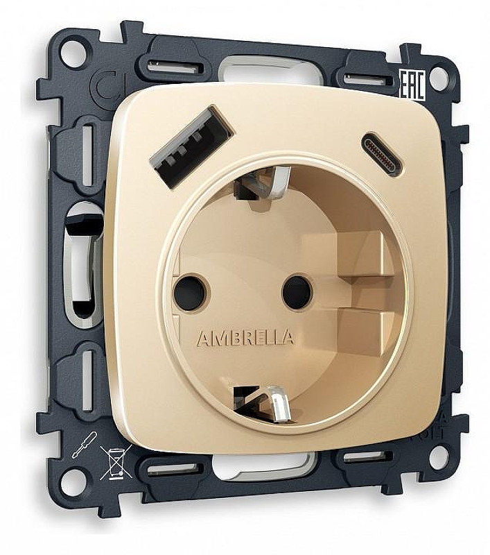 Розетка с заземлением и 2хUSB type A и C, без рамки Ambrella Volt Quant MO610010 цвет Бежевый