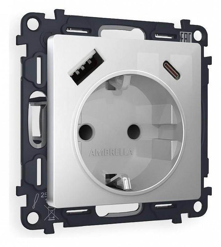 Розетка с заземлением и 2хUSB type A и C, без рамки Ambrella Volt Quant MA410010 цвет Серебро
