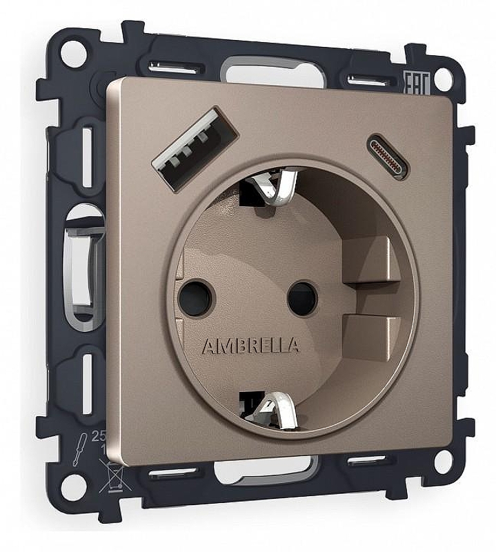Розетка с заземлением и 2хUSB type A и C, без рамки Ambrella Volt Quant MA640010 цвет Бронза