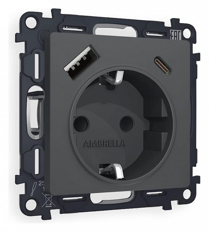 Розетка с заземлением и 2хUSB type A и C, без рамки Ambrella Volt Quant MA910010 цвет Графит